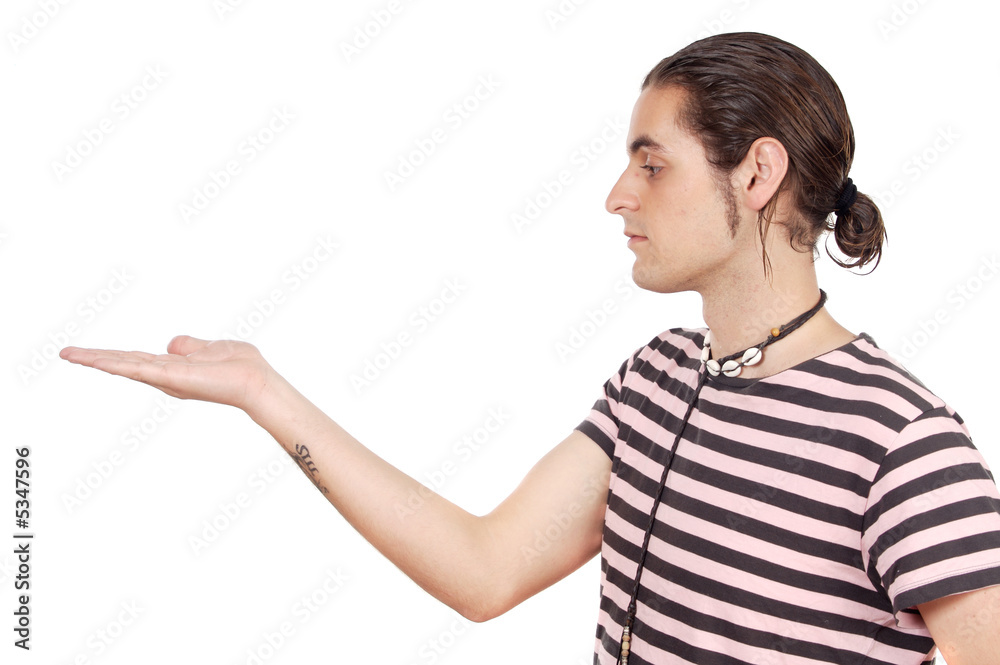 Young man holding nothing over a white background Young man holding nothing over a white background