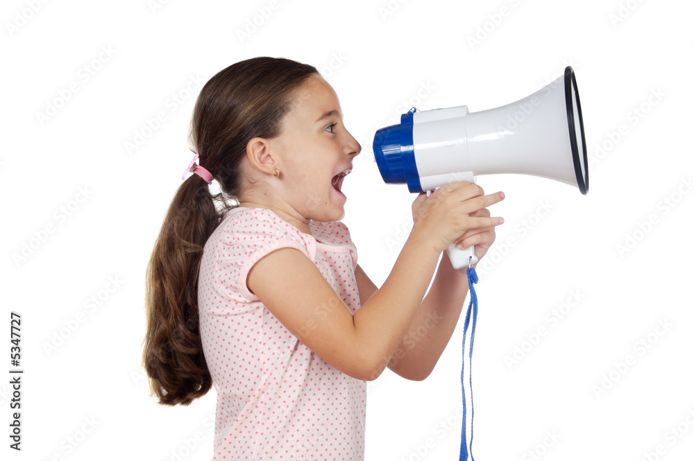 Naklejka premium Little girl shouting through megaphone over white background
