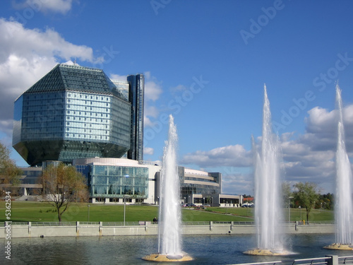 Modern library with fountains