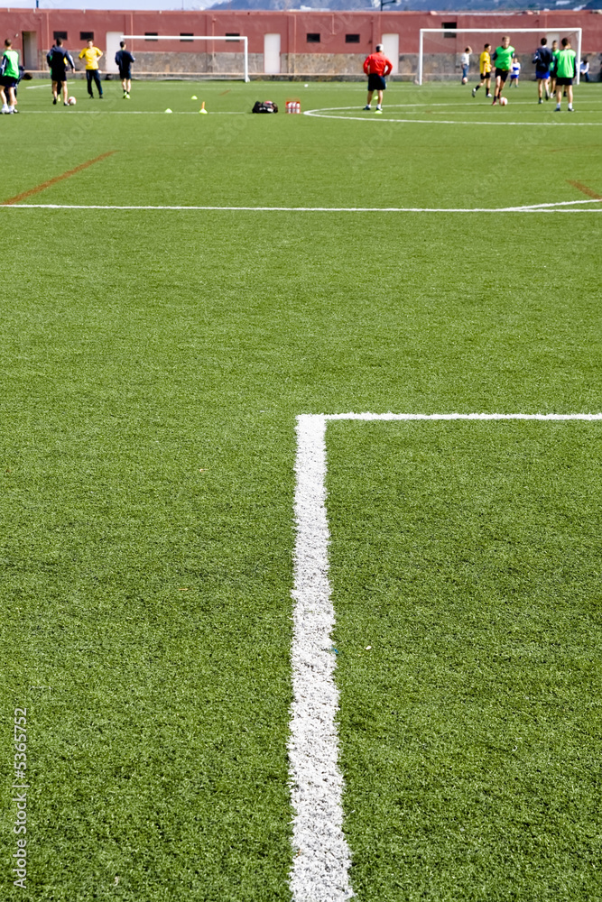 Detail of a football field with some players training