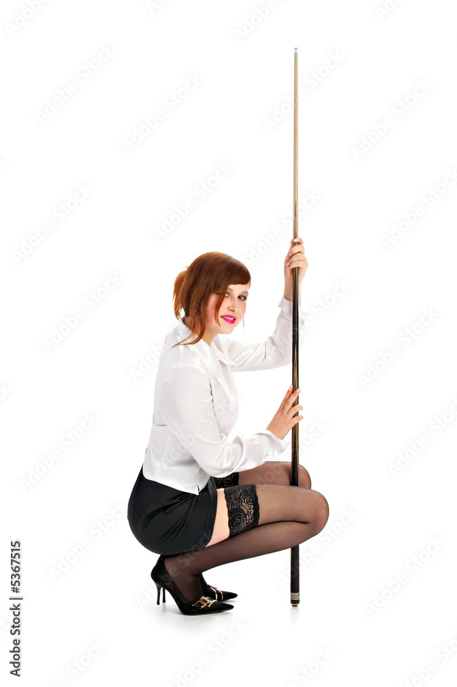 seductive brunette with cue isolated on white background seductive brunette with cue isolated on white background