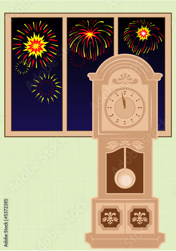 Vector grandfather clock in the room. Fireworks. Fingers near 12