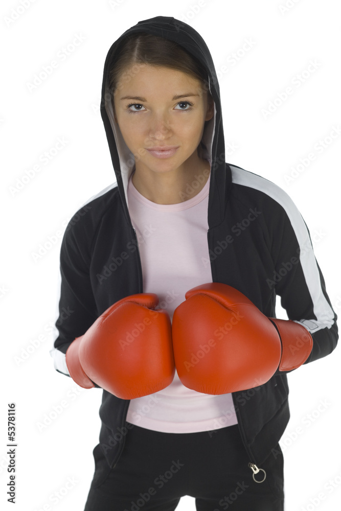 Young, hooded beauty with boxing gloves. Young, hooded beauty with boxing gloves.