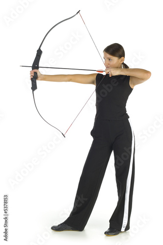 Young, beauty holding bow and taking aim at something