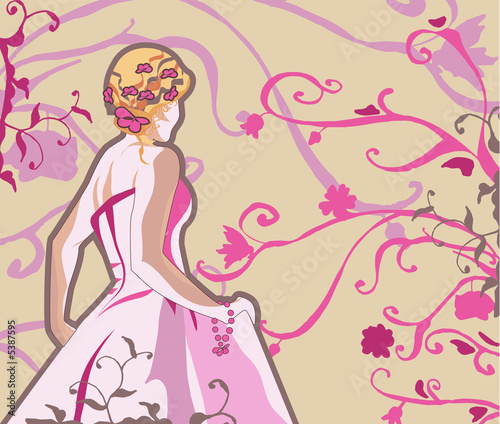 Bride in pink open shoulders dress on vector beige background