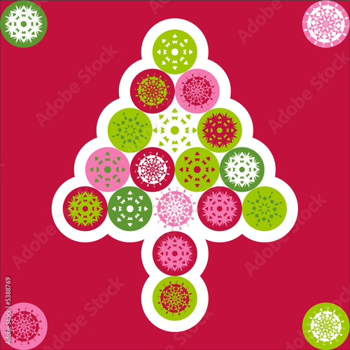 Christmas greeting card cover with green, red, pink snowflakes