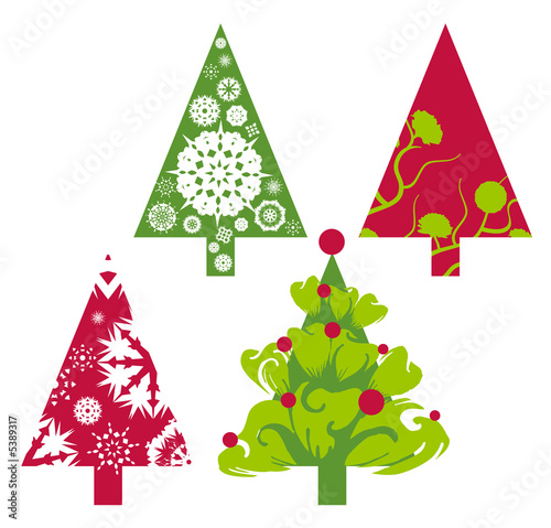 Christmas trees in red and green with floral swirls
