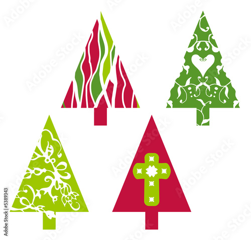 Christmas trees in red and green with floral swirls, heart