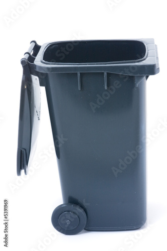 Grey open recycling bin for garbage collection over white