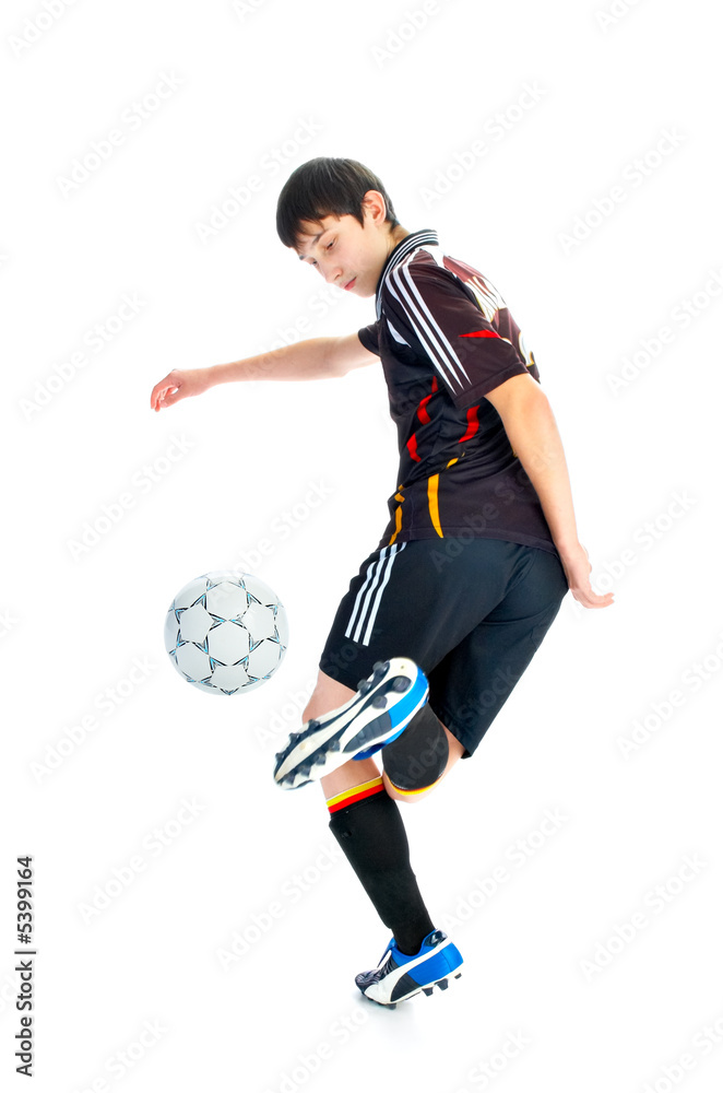 soccer player with ball isolated on white background