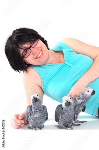 red tale parrot isolated on white kissing with female photo