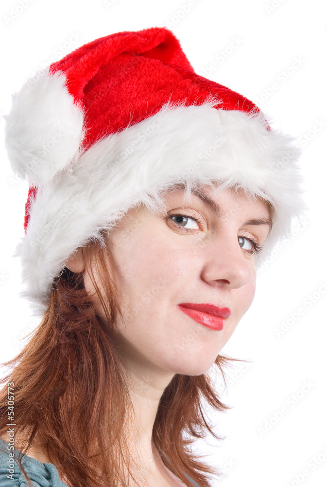 Woman in santa hat portrait. Isolated on white. Woman in santa hat portrait. Isolated on white.