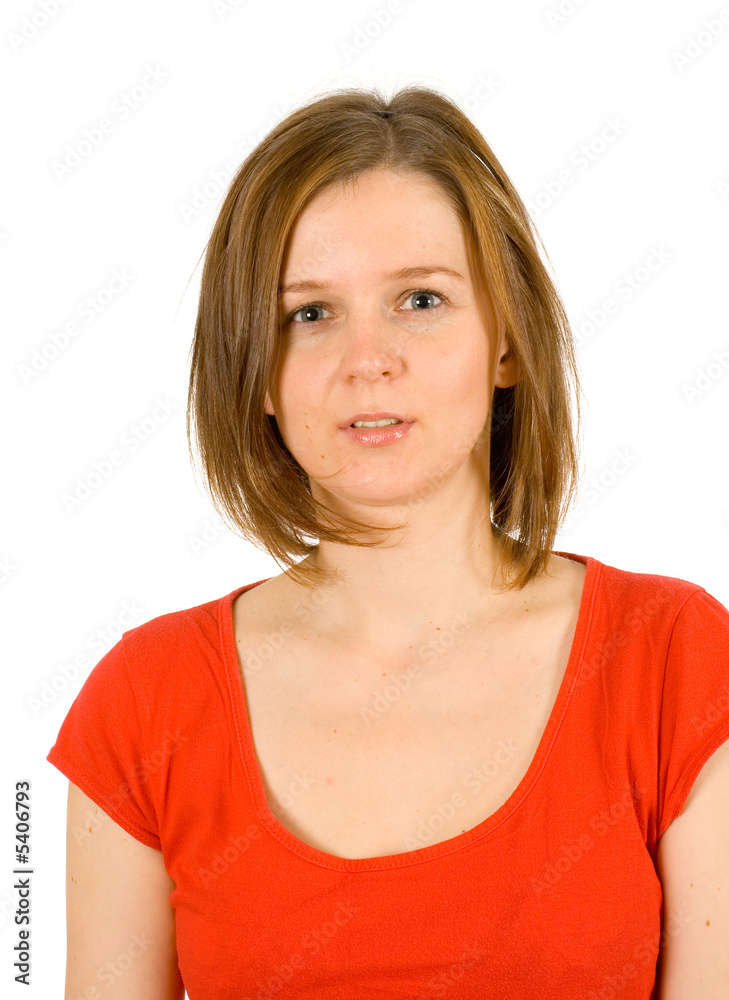 young girl portrait on white, red top young girl portrait on white, red top
