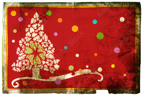 Grunge card with Christmas tree and flower swirl design
