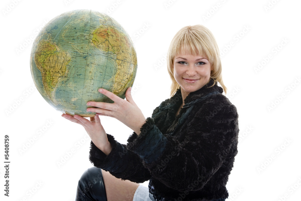 Beautiful blonde with valise and globe on isolated background Beautiful blonde with valise and globe on isolated background