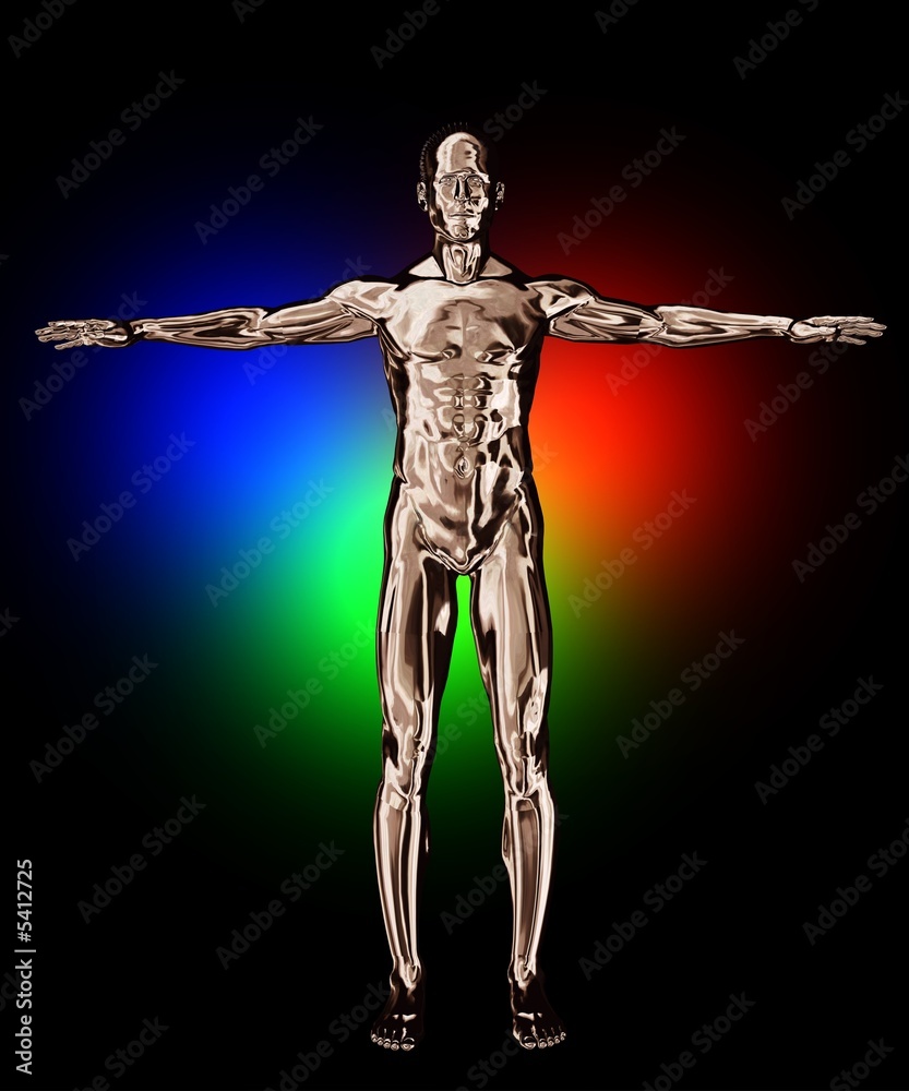 Chrom Man auf schwarzem Hintergrund, mit buntem Licht Chrom Man auf schwarzem Hintergrund, mit buntem Licht