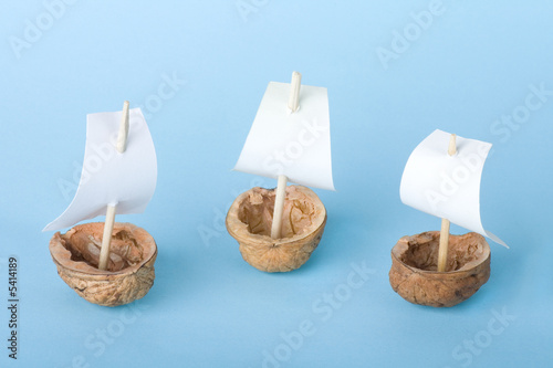 Three boats made from walnut shell on blue background