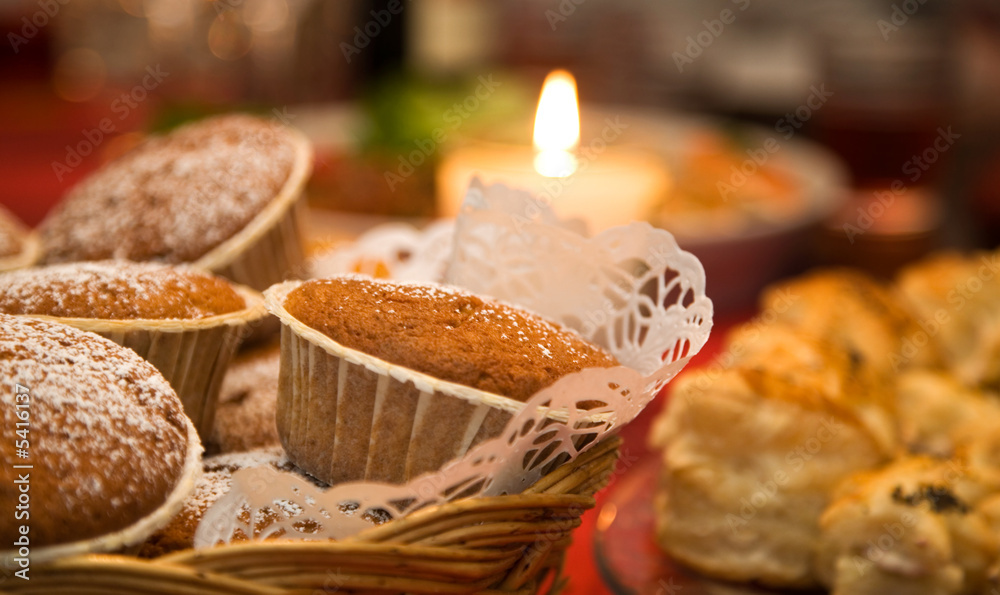 Gingerbread muffins decorated with white powder sugar