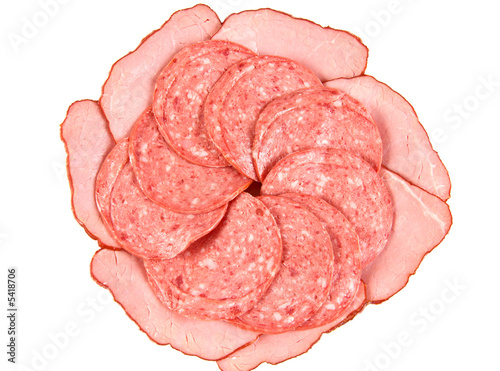 Sliced ham and sausage isolated on white background