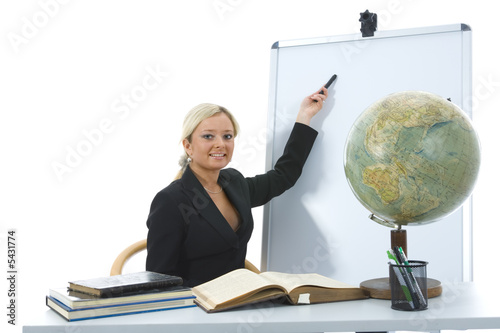 young teacher will teach geography on isolated background