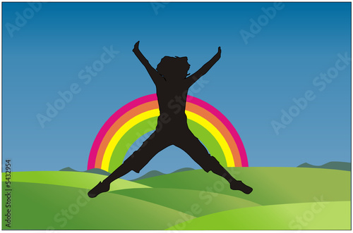 mujer saltando en un bello dia de arcoiris en vector