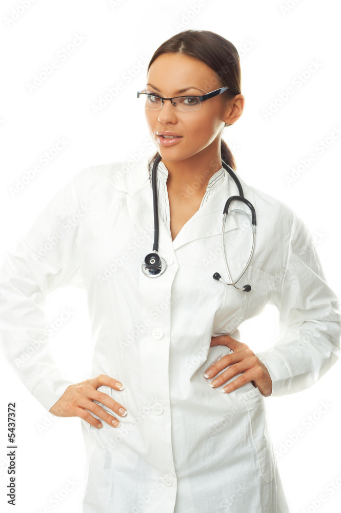 20-25 years old beautiful female doctor isolates on white