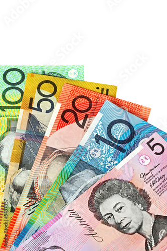 Australian money, fanned on a white background.
