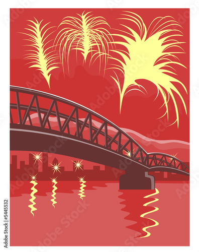 Harbor bridge with city in background and fireworks