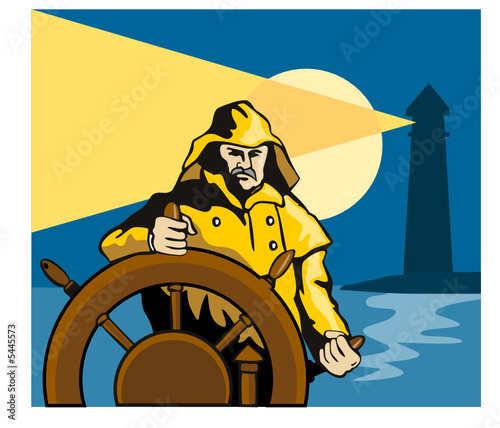 Captain at the hlem with lighthouse