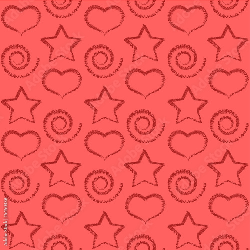 Seamless  wallpaper with stars, scrolls and hearts.