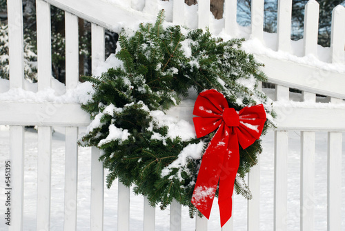 Christmas Wreath on Fence with Snow