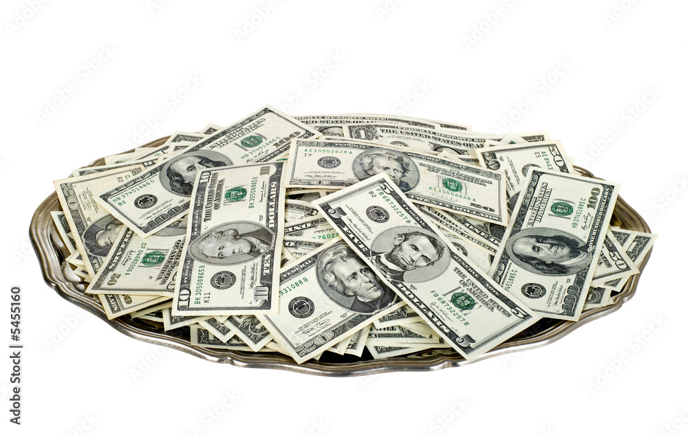 Hand money on silver platter. Dollar bills on tray cutout. Hand money on silver platter. Dollar bills on tray cutout.
