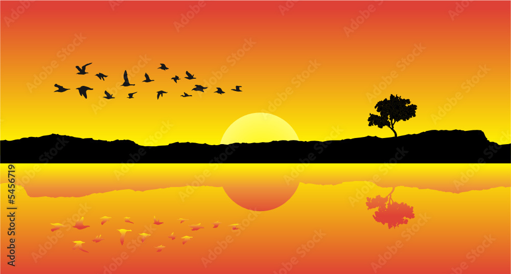 composicion de aves volando en un atardecer en vector