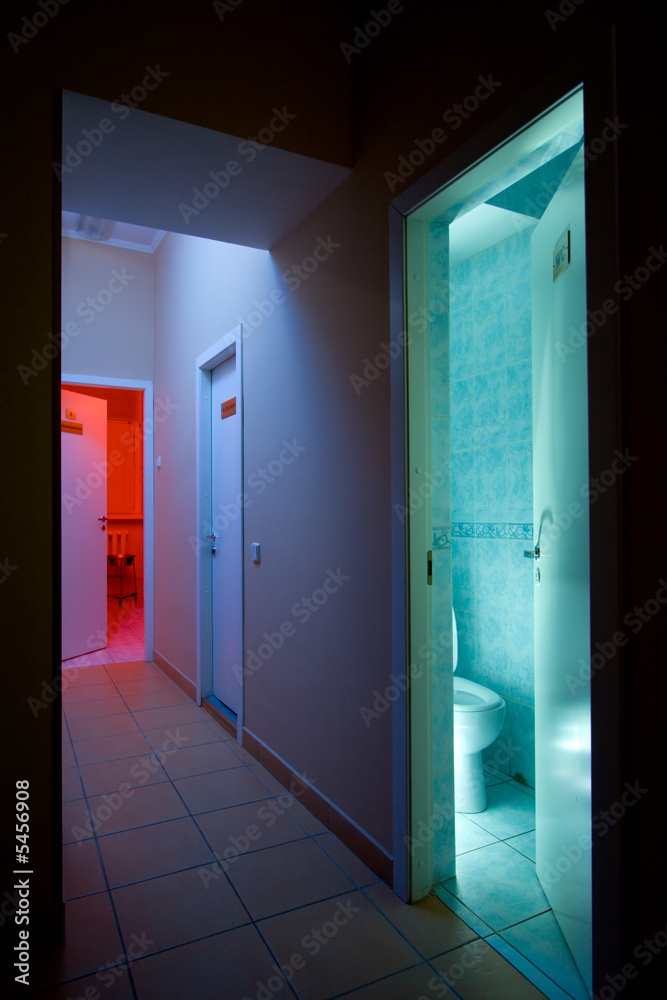 Mysterious corridor and opened door to toilet. Mysterious corridor and opened door to toilet.