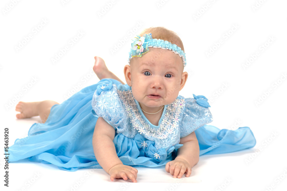 Crying adorable babygirl wearing holyday blue dress Crying adorable babygirl wearing holyday blue dress