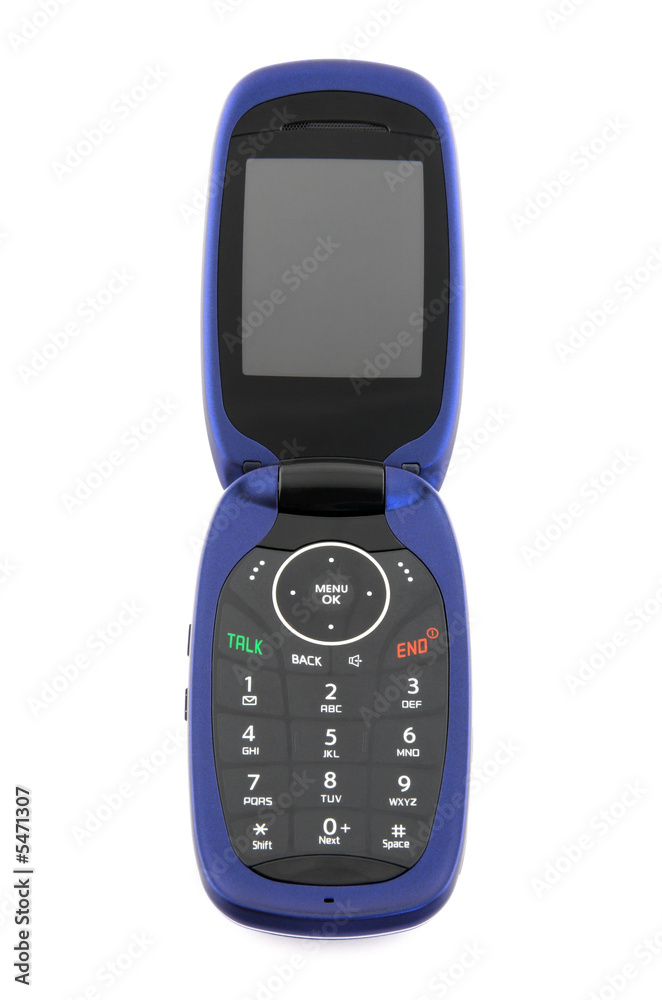 Modern blue clamshell cell phone on white background, font view.