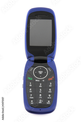 Fototapet Modern blue clamshell cell phone on white background, font view.