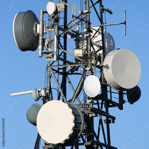 Microwave dishes on communication tower
