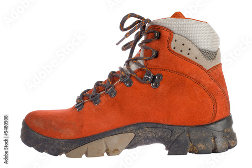 single red trekking boot, side view photo