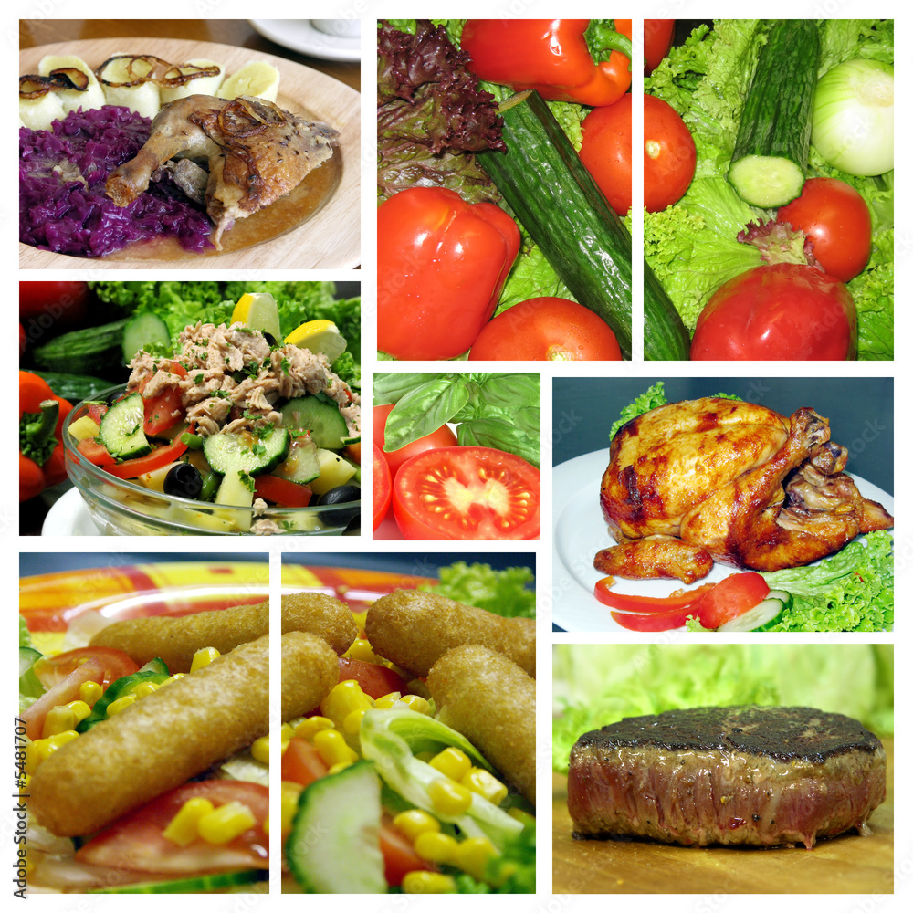 Table with collage varied foods and vegetables Table with collage varied foods and vegetables