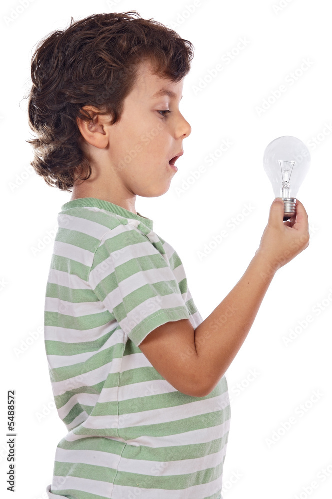 Adorable boy holding a light bulb over white background Adorable boy holding a light bulb over white background