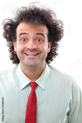 Portrait of a very happy man on white . photo