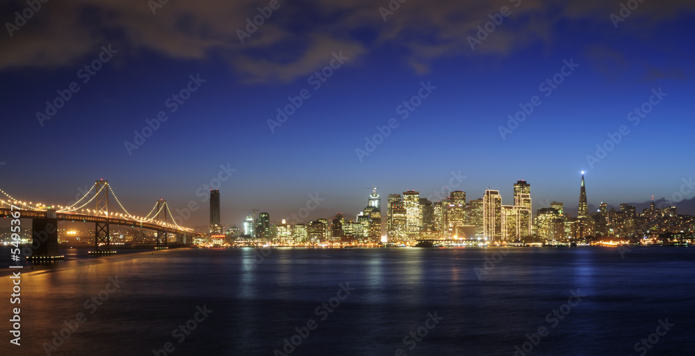 A view of Bay Bridge and San Francisco downtown at Christmas