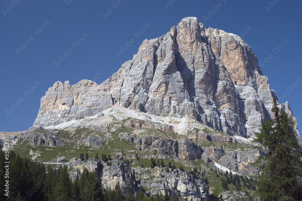 Beautiful view of Tofane Dolomites mountain on a blue sky