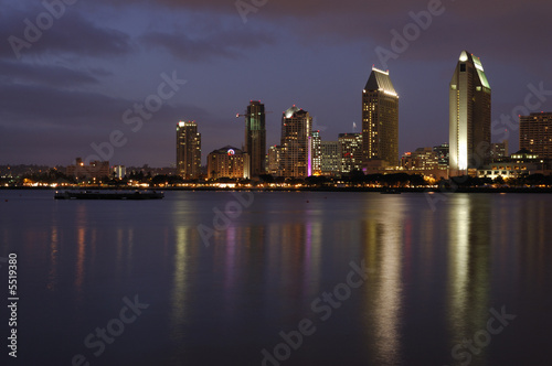 A view on San Diego Downtown from Coronado Island at dusk.
