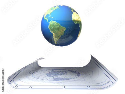 Earth blueprint with floating globe