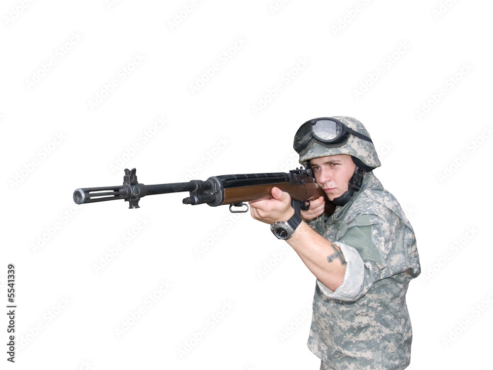 The isolated image with clipping path of the soldier with rifle