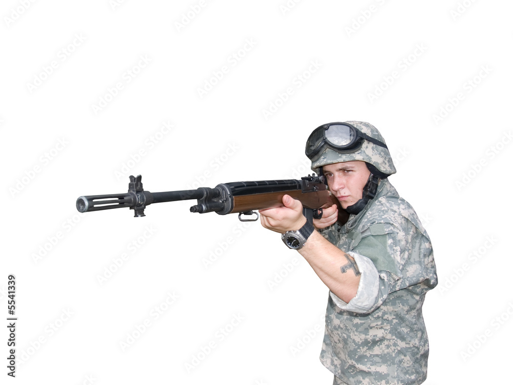 The isolated image with clipping path of the soldier with rifle The isolated image with clipping path of the soldier with rifle