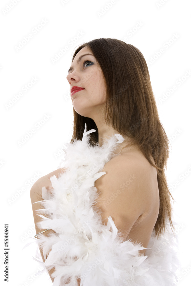Nude girl with cape from feather on insulated background Nude girl with cape from feather on insulated background