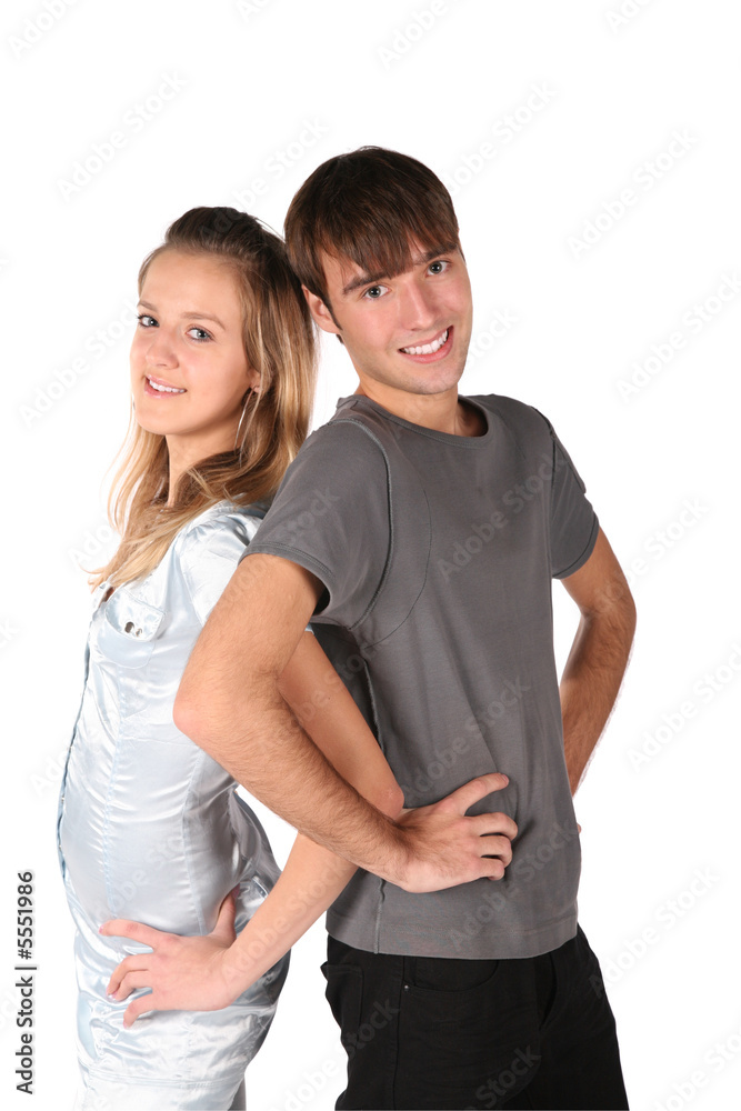teenager couple stand back to back on white teenager couple stand back to back on white